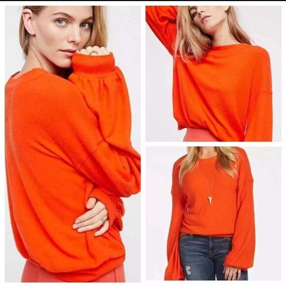Free People Beach TGIF Orange Balloon Sleeve Pullover Sweater Soft Large L Boho - Picture 1 of 9